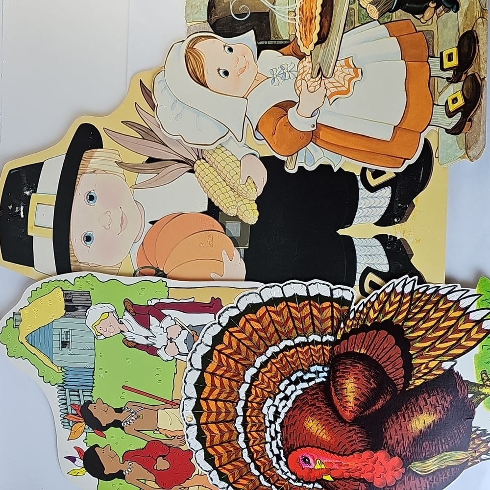 Vintage die cut cutouts wall hangings thanksgiving harvest pilgrims Indians